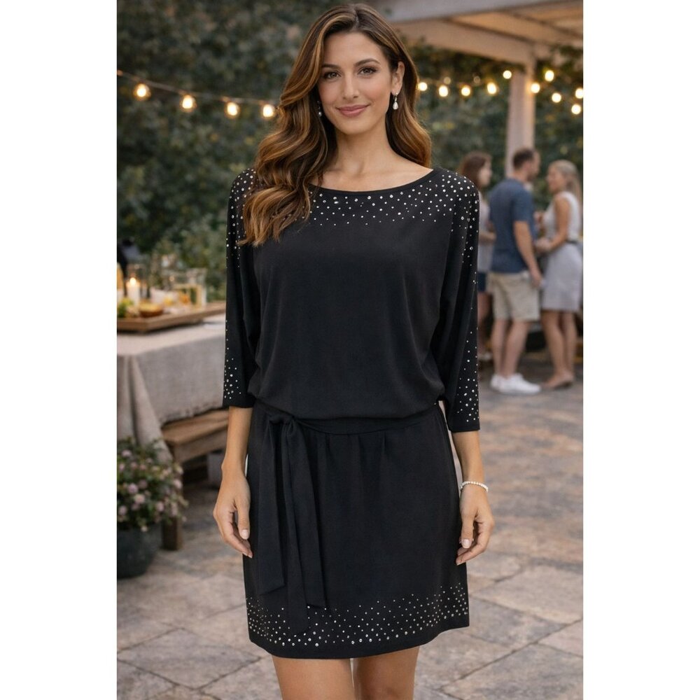 White House Black Market Black Dress with Silver & Gold Studs size Medium